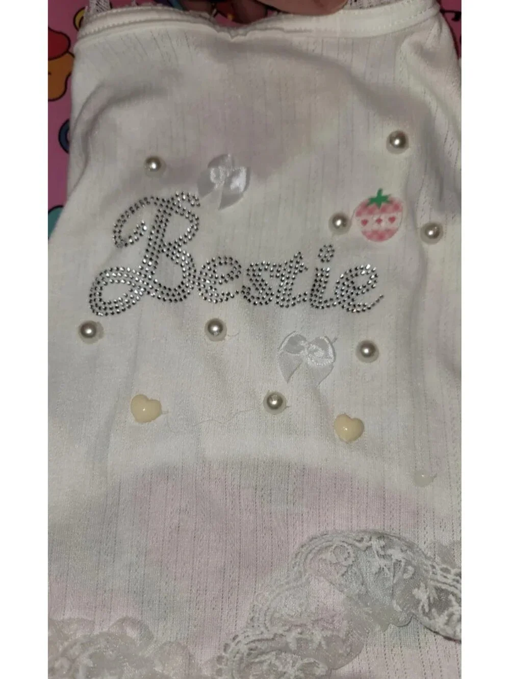 BESTIE RHINESTONE PET SHIRT LACE RUFFLE DOG DRESS WHITE PEARL EMBELLISHED XL
